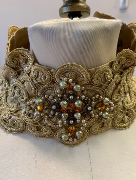 N/L MTO, Gold, Silk, Floral, Solid, Floral Brocade, Long Bell Sleeves, Gold Velour Panel at Waist and Undersleeves, Stand Collar with Cutout at Bust, Pearl and Yellow Gemstone Brooch at Neck, Floor Length, Made To Order Medieval Royalty