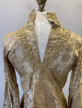 Womens, Historical Fiction Dress, N/L MTO, Gold, Silk, Floral, Solid, W:24, B:34, Floral Brocade, Long Bell Sleeves, Gold Velour Panel at Waist and Undersleeves, Stand Collar with Cutout at Bust, Pearl and Yellow Gemstone Brooch at Neck, Floor Length, Made To Order Medieval Royalty
