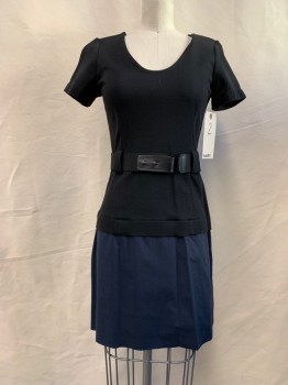 Womens, Dress, Short Sleeve, THEORY, Black, Navy Blue, Poly/Cotton, Synthetic, Color Blocking, 2, Scoop Neck, Stretch Black Top, Cap Sleeves, Navy Skirt, Zip Back, Elastic Belt,