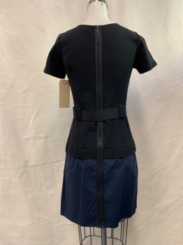 Womens, Dress, Short Sleeve, THEORY, Black, Navy Blue, Poly/Cotton, Synthetic, Color Blocking, 2, Scoop Neck, Stretch Black Top, Cap Sleeves, Navy Skirt, Zip Back, Elastic Belt,