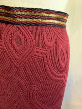 Womens, Skirt, Knee Length, MAEVE, Wine Red, Cotton, Polyester, Solid, L, Swirling and Grid Textured Knit, Gold/Wine/Black Stripe Elastic Waist, Off Center Front Slit