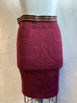 MAEVE, Wine Red, Cotton, Polyester, Solid, Swirling and Grid Textured Knit, Gold/Wine/Black Stripe Elastic Waist, Off Center Front Slit