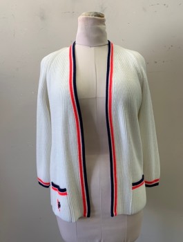 Womens, Sweater, NL, White, Polyester, Solid, B36, White Ribbed Open Cardigan with Neon Red and Navy Trim Along Front, Pockets and Cuffs, Embroiderred Crossed Tennis Reckets on the Right Pocket