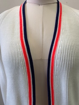 Womens, Sweater, NL, White, Polyester, Solid, B36, White Ribbed Open Cardigan with Neon Red and Navy Trim Along Front, Pockets and Cuffs, Embroiderred Crossed Tennis Reckets on the Right Pocket