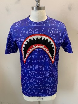 HUDSON, Blue, White, Red, Black, Yellow, Polyester, Text, Graphic, Short Sleeves, Crew Neck, Embroiderred Patches of Shark Teeth and Text
