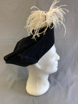 Mens, Historical Fiction Hat , MTO, Black, White, Cotton, Solid, 23", Round Boat shaped, Velvet Textured, with White Feather,