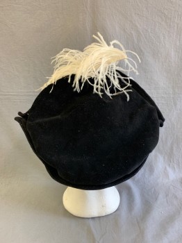Mens, Historical Fiction Hat , MTO, Black, White, Cotton, Solid, 23", Round Boat shaped, Velvet Textured, with White Feather,
