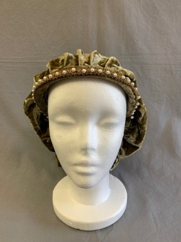 Womens, Historical Fiction Hat, MTO, Moss Green, Gold, Pearl White, Cotton, Velvet textured, Scrunched Back, Gold and Pearl Round Detail