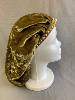 Womens, Historical Fiction Hat, MTO, Moss Green, Gold, Pearl White, Cotton, Velvet textured, Scrunched Back, Gold and Pearl Round Detail
