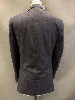 CALVIN KLEIN, Plum Purple, Black, Wool, Plaid - Tattersall, 2 Buttons, Single Breasted, Notched Lapel, 3 Pockets