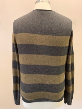 VINCE, Dk Gray, Olive Green, Wool, Nylon, Stripes - Horizontal , Knit, Rolled Edge Round Neck, Long Sleeves