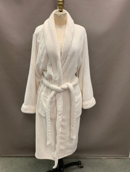 Womens, SPA Robe, BROOKSTONE, Bone White, Polyester, S/M, with Belt, Plush, Open Front, 2 Waist Pockets, White Piping