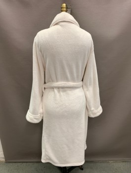 Womens, SPA Robe, BROOKSTONE, Bone White, Polyester, S/M, with Belt, Plush, Open Front, 2 Waist Pockets, White Piping