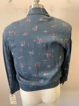 Mens, Jacket, N/L, Gray, Red, White, Cotton, Print, Novelty Pattern, C:40, Zip Front, Collar Attached, 2 Pockets, Hatched Geometrical Pattern, Multiple, 1950's