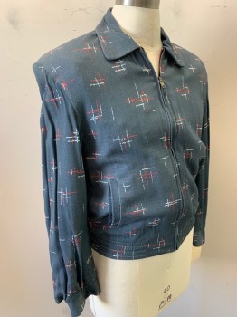 Mens, Jacket, N/L, Gray, Red, White, Cotton, Print, Novelty Pattern, C:40, Zip Front, Collar Attached, 2 Pockets, Hatched Geometrical Pattern, Multiple, 1950's