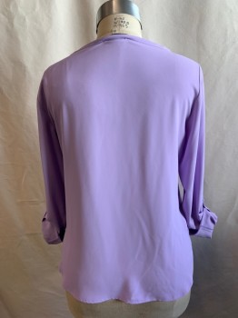 NINE WEST, Lavender Purple, Polyester, Solid, Bateau/Boat Neck, Long Sleeves, Button Cuff, Tab with Button at Elbow *Small Brown Stains at Right Shoulder*