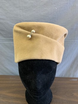 Womens, Hat, FRANK OLIV FOR SAKS, Khaki Brown, Wool, Solid, OS, Pillbox Hat, Gathered at Front By Two Pearls with Rhinestone Base