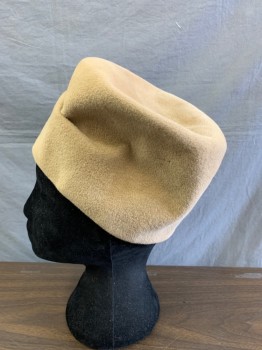 FRANK OLIV FOR SAKS, Khaki Brown, Wool, Solid, Pillbox Hat, Gathered at Front By Two Pearls with Rhinestone Base