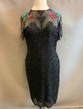 SWEE LO, Black, Multi-color, Silk, Floral, Swirl , Chiffon, Shoulders are Covered with Colorful Floral Sequin and Beaded Appliques, Short Sleeves, Bottom is Black Seed Beads in Wavy Line Shapes, Shift Dress, Knee Length, Open Back,
