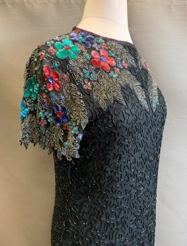 Womens, Cocktail Dress, SWEE LO, Black, Multi-color, Silk, Floral, Swirl , B:38, Chiffon, Shoulders are Covered with Colorful Floral Sequin and Beaded Appliques, Short Sleeves, Bottom is Black Seed Beads in Wavy Line Shapes, Shift Dress, Knee Length, Open Back,