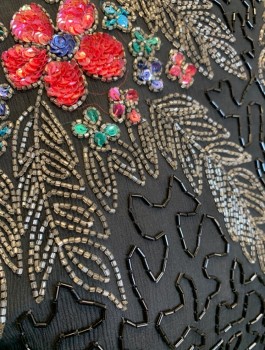 SWEE LO, Black, Multi-color, Silk, Floral, Swirl , Chiffon, Shoulders are Covered with Colorful Floral Sequin and Beaded Appliques, Short Sleeves, Bottom is Black Seed Beads in Wavy Line Shapes, Shift Dress, Knee Length, Open Back,