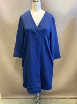 COS, Navy Blue, Polyester, Pullover, V-neck, Pleated Flap Down Center for Wrap Around Look, Shift Shape, 2 Pockets, Long Sleeves