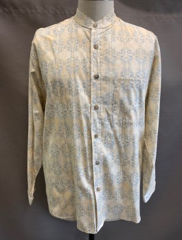 WAH MAKER, Cream, Lt Blue, Cotton, Swirl , Band Collar, L/S, Button Front, 1 Patch Pocket, Old West Inspired