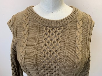 FRAME, Olive Green, Cotton, Cable Knit, Crew Neck, Fisherman/Traditional Irish Sweater, Long Sleeves,