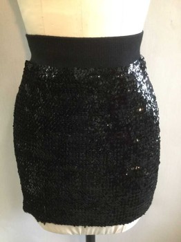 Womens, Skirt, Mini, LILY WHITE, Black, Acrylic, Sequins, Solid, M, Sequin Covered, Except For 2" Wide Ribbed Knit Waistband, Hem Mini