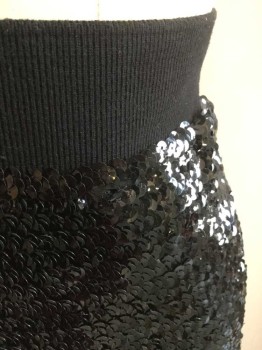 LILY WHITE, Black, Acrylic, Sequins, Solid, Sequin Covered, Except For 2" Wide Ribbed Knit Waistband, Hem Mini