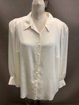 VINCE CAMUTO, Cream, Polyester, Solid, L/S, Button Front, CA, V-Neck, Covered Buttons, Detachable Shoulder Pads 