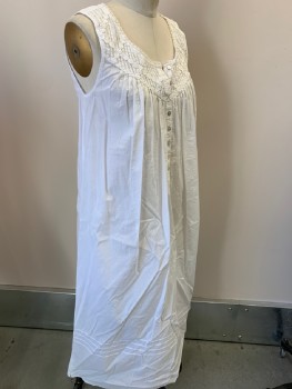 EILEEN WEST, White, Cotton, Solid, Multiples, Slvls, Button Placket, Knife Pleated Yoke with Floral Lace Trim & Detail,