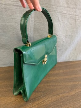 Womens, Purse, N/L, Emerald Green, Leather, Solid, 6"H, 10"W, Patent Leather, Envelope Front with Small Gold Clasp, Self Strap, Black Faille Lining, in Good Shape