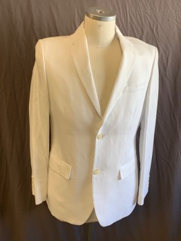 PERRY ELLIS, White, Linen, Cotton, Solid, Notched Lapel, 2 Button Single Breasted, 3 Pocket,  Back Vent