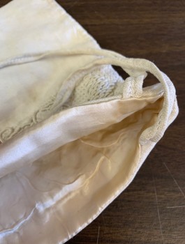 Womens, Purse 1890s-1910s, N/L, Off White, Linen, Self Textured Embroidery and Passementarie, Square Shape, Cream Satin Lining, Self Strap, **Stained in Corner