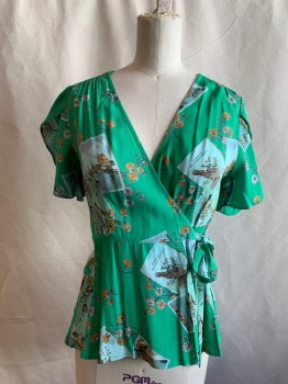 MEADOW RUE, Green, White Gold, Brown, Viscose, Novelty Pattern, Bird/Floral/Postcard Print, Wrap Shirt, Gathered at Shoulders, Peplum, Wrap Flutter Short Sleeves, Tie Front