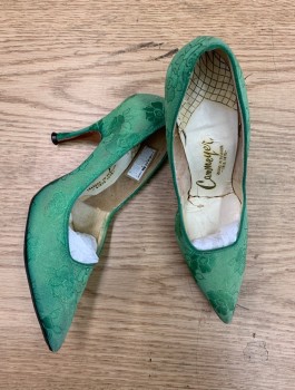 Womens, Shoes, CAMMEYER, Kelly Green, Silk, Solid, Floral, 5, PUMPS, Pointed Toes