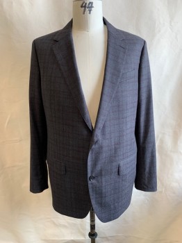 BONOBOS, Dk Gray, Red Burgundy, Wool, Plaid, Notched Lapel, Single Breasted, Button Front, 2 Buttons, 3 Pockets