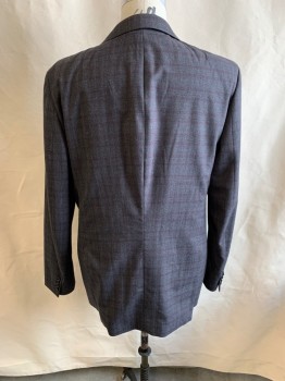 BONOBOS, Dk Gray, Red Burgundy, Wool, Plaid, Notched Lapel, Single Breasted, Button Front, 2 Buttons, 3 Pockets