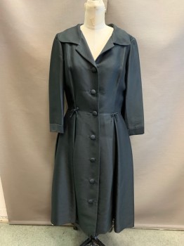 Womens, Cocktail Dress, EDDIE MASTER, Black, Wool, W: 24, B: 36, Collar Attached, Single Breasted, Button Front, Fabric Covered Buttons, A-Line Shape, 2 Bows on Front Waist, Pleated Skirt