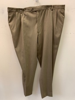JOSEPH & FEISS, Lt Brown, Wool, Solid, Double Pleats, Button Tab Zip Front, 4 Pockets,