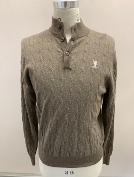 PETER MILLAR, Lt Brown, Wool, Heathered, Polo, Mock Neck, 3 Buttons, Cable Knit, Embroidery Logo On Chest And Back, Rib Knit Collar And Cuffs