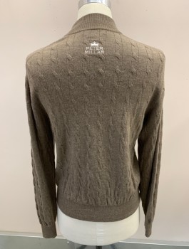 PETER MILLAR, Lt Brown, Wool, Heathered, Polo, Mock Neck, 3 Buttons, Cable Knit, Embroidery Logo On Chest And Back, Rib Knit Collar And Cuffs
