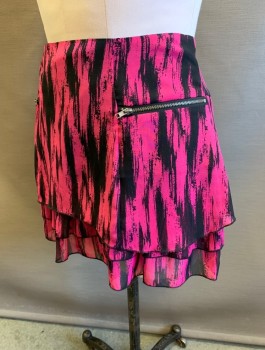 MATERIAL GIRL, Magenta Pink, Black, Polyester, Abstract , Streaked Pattern, Chiffon, 3 Tiers/Layers, 2 Pockets With Exposed Zippers At Hips