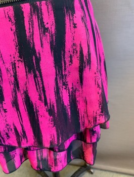 MATERIAL GIRL, Magenta Pink, Black, Polyester, Abstract , Streaked Pattern, Chiffon, 3 Tiers/Layers, 2 Pockets With Exposed Zippers At Hips