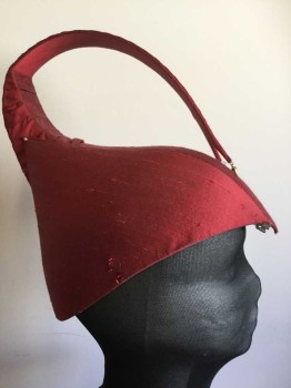Unisex, Historical Fiction Headpiece, MTO, Red, Silk, Solid, M, Red Silk Dupioni, Made To Order, Piping, Curved Tongue From Center Back To Center Front, Multiples
