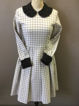 ORLA KIELY, Ecru, Black, Polyester, Viscose, Plaid-  Windowpane, Ecru Texture with Black Window Pane, Solid Black Lining,  Black Scallop Collar Attached and Long Sleeves Cuffs with Ruffle Trim, Gathered Waist, Zip Back,