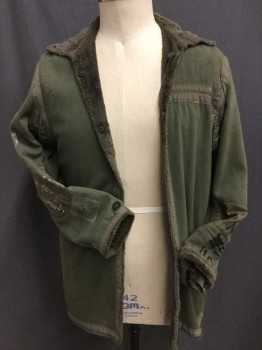 Mens, Jacket, N/L, Olive Green, Brown, Cotton, Polyester, Patchwork, Graphic, 38/40, Army Jacket Liner, Inside Out, Brown Fur On The Inside. Outside Is Olive Coarse Weave with Nylon Patches Silver Abstract Silkscreens, Black Stecils,