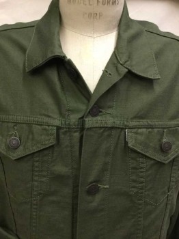 Mens, Jean Jacket, LEVI STRAUSS, Olive Green, Cotton, Solid, L, Collar Attached, Brass Button Front, 2 Hidden Pockets W/flap Showing, 2 Hidden Vertical Side Pockets, Long Sleeves, See Detail Photo,