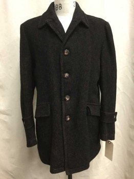 Mens, Coat, NO LABEL, Brown, Black, Wool, 40, Orange Thread Woven Throughout Fabric, 5 Button Closure, Two Waist Pockets with Flaps, Cuff Epaulettes, Single Breasted, Quilted and Shearling Lining, Good Condition